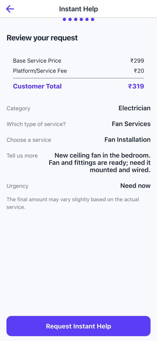 Connect booking review screen showing price before confirming