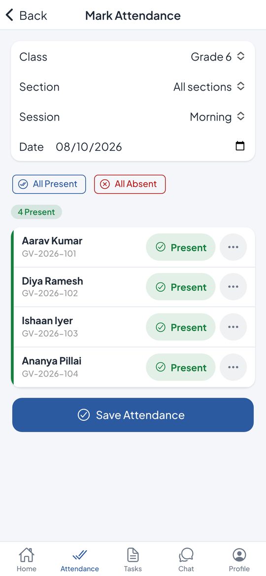 Edu360 teacher app marking attendance on an Android phone