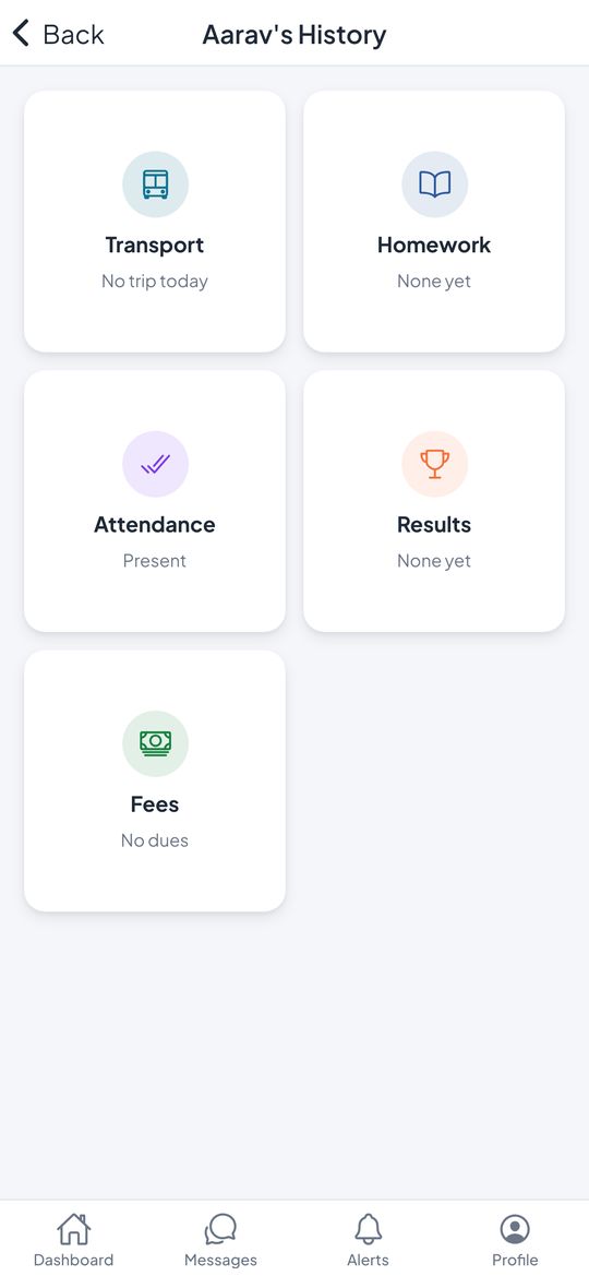 Edu360 parent app showing a child's transport, homework, attendance, results and fees