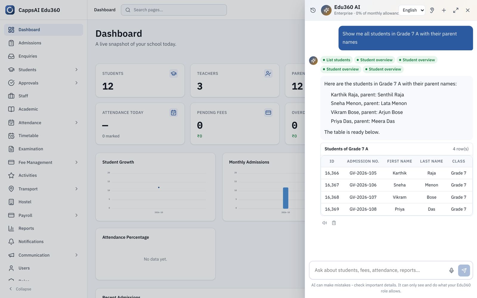 AI Assistant listing Grade 7 A students and their parents in a table
