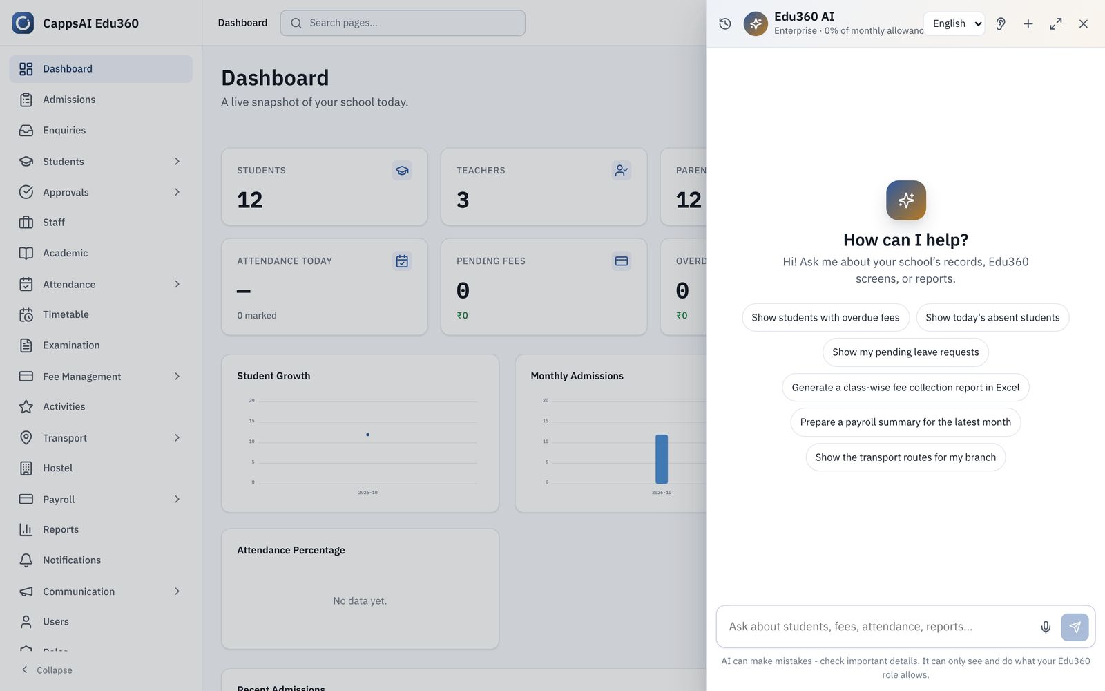 Edu360 AI Assistant welcome screen with suggested questions on a MacBook
