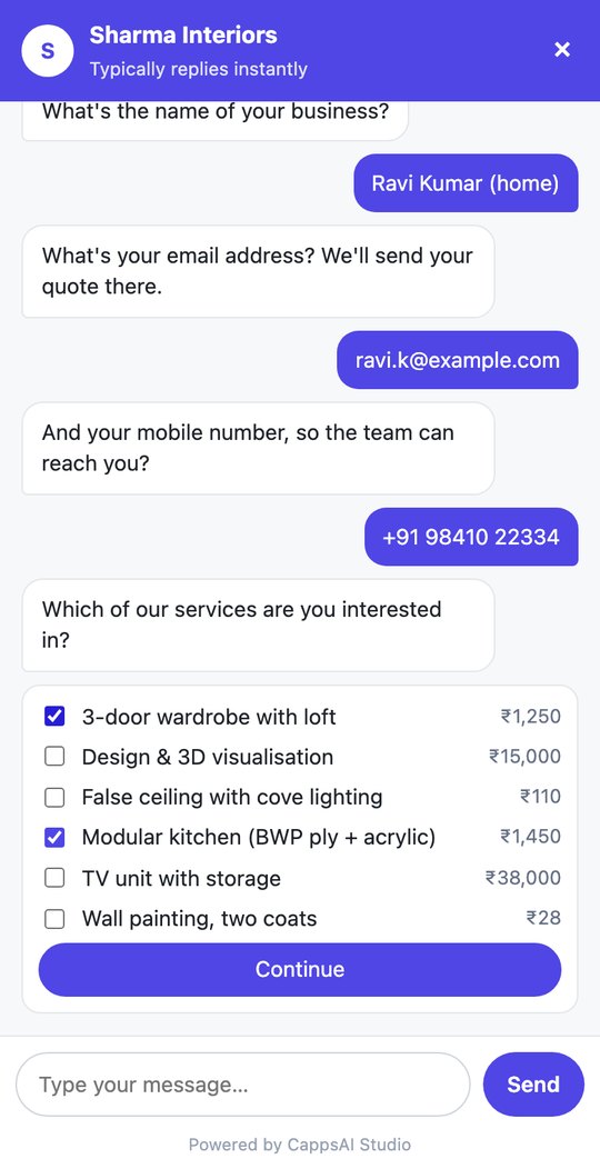 CappsAI Studio website chat bot asking a visitor which services they need, with prices