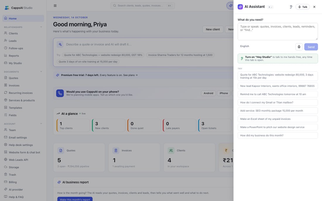 CappsAI Studio ai assistant screen