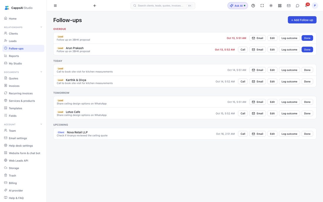 CappsAI Studio follow-ups screen