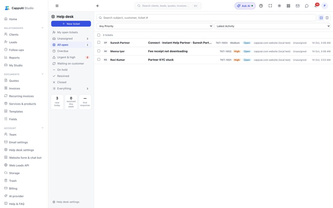 CappsAI Studio help desk screen