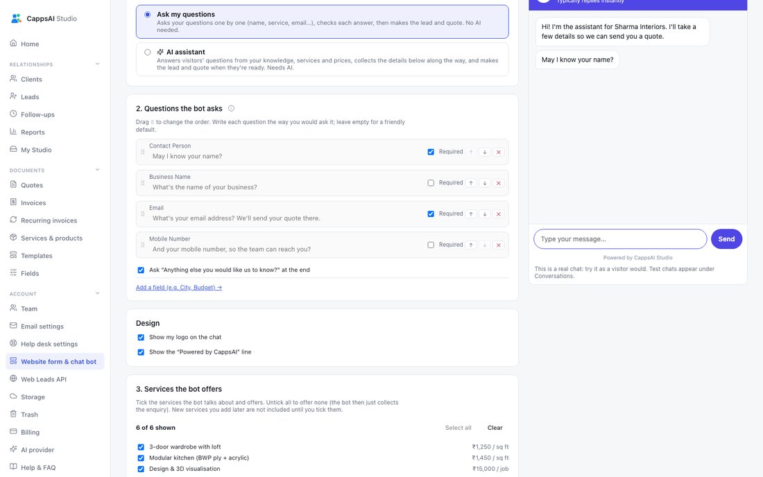 CappsAI Studio website chat bot screen