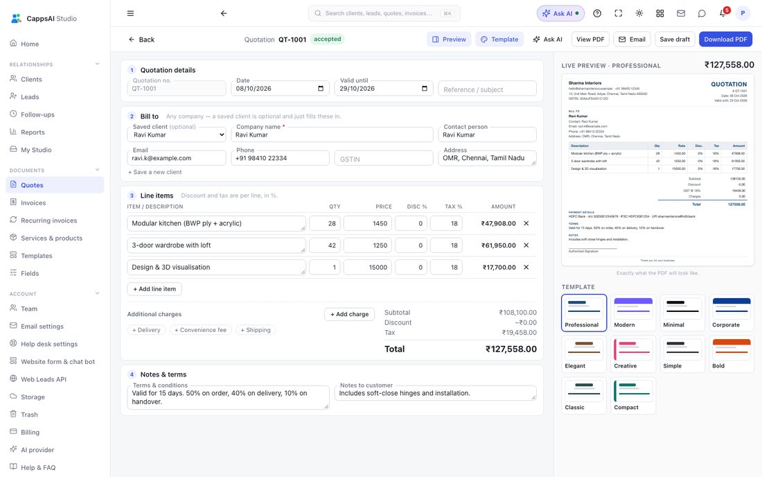 CappsAI Studio quotation builder with GST line items and a live PDF preview