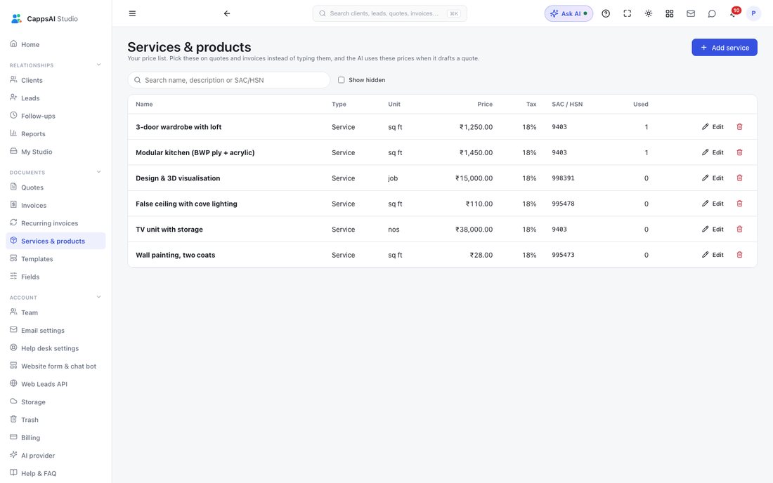 CappsAI Studio services & prices screen